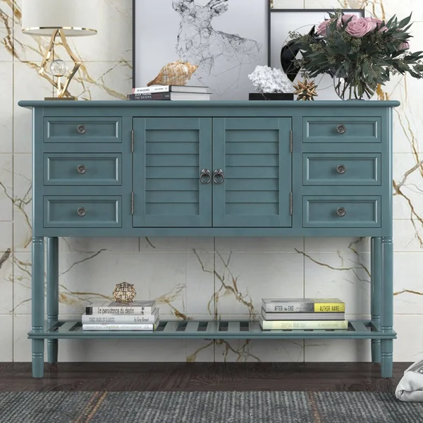 45&& Console Table Sofa Table with 6 Draweru0026 1 Cabinetu0026 1 Shelf, Green - Wood