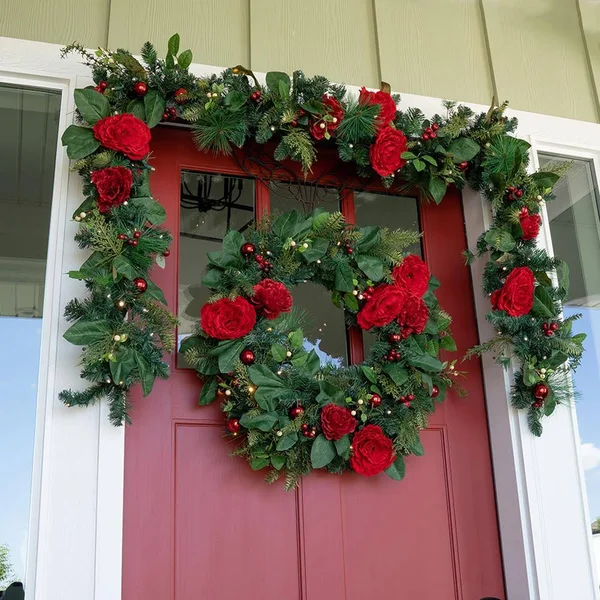 TreeKeeper 9 ft. Pre-Lit LED Red Peonies and Berry Garland