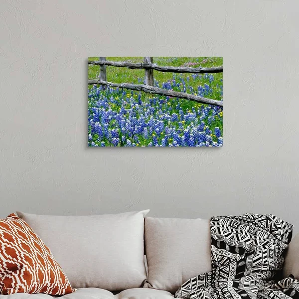 Great Big Canvas Bluebonnet Flowers Blooming Around Weathered Wood Fence Wall Art