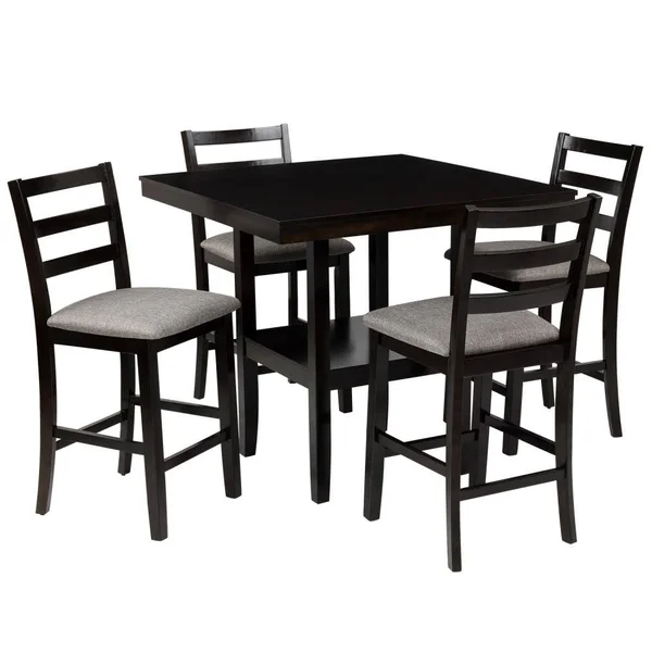 CASAINC 5-Piece Wooden Counter Height Dining Set - Square Dining Table with 2-Tier Storage Shelving and 4 Chairs(Espresso) Rubber