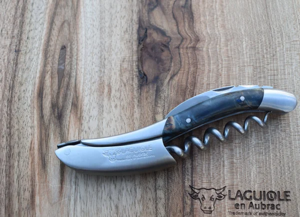 Laguiole en Aubrac Brushed Sommelier Waiter's Corkscrew with Chestnut Buckeye Burl Blue Handle