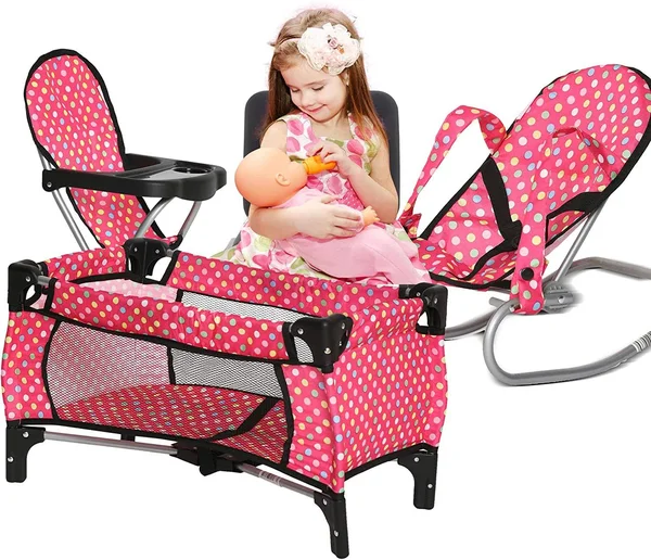 Fash N Kolor 3 Piece Doll Play Set, Includes - 1 Pack N play. 2 Doll Stroller 3.Doll High Chair. 4 Infant Seat, Fits Up to 18&&