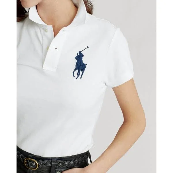 Ralph Lauren Women's Skinny Fit Big Pony Polo Shirt - Size S in White/Navy