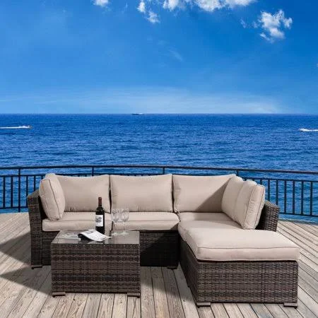 Outdoor Sectional Sofa Sets - 4 Piece Patio Wicker Patio Furniture Set, Patio Sectional with 2 Loveseat Sofa, Ottoman, Coffee Tab
