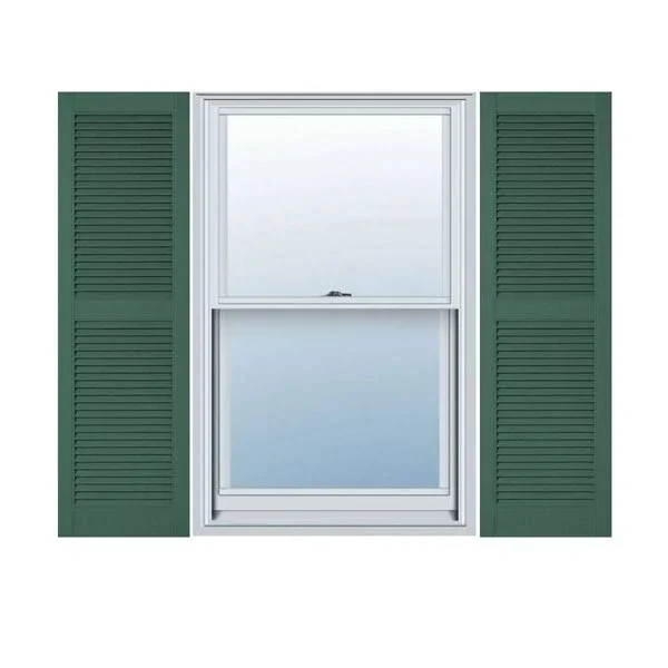 18 inchw x 90 inchh Lifetime Vinyl, Custom Straight Top Center Mullion, Open Louver Shutters, w/Shutter-Loks (Per Pair), Forest
