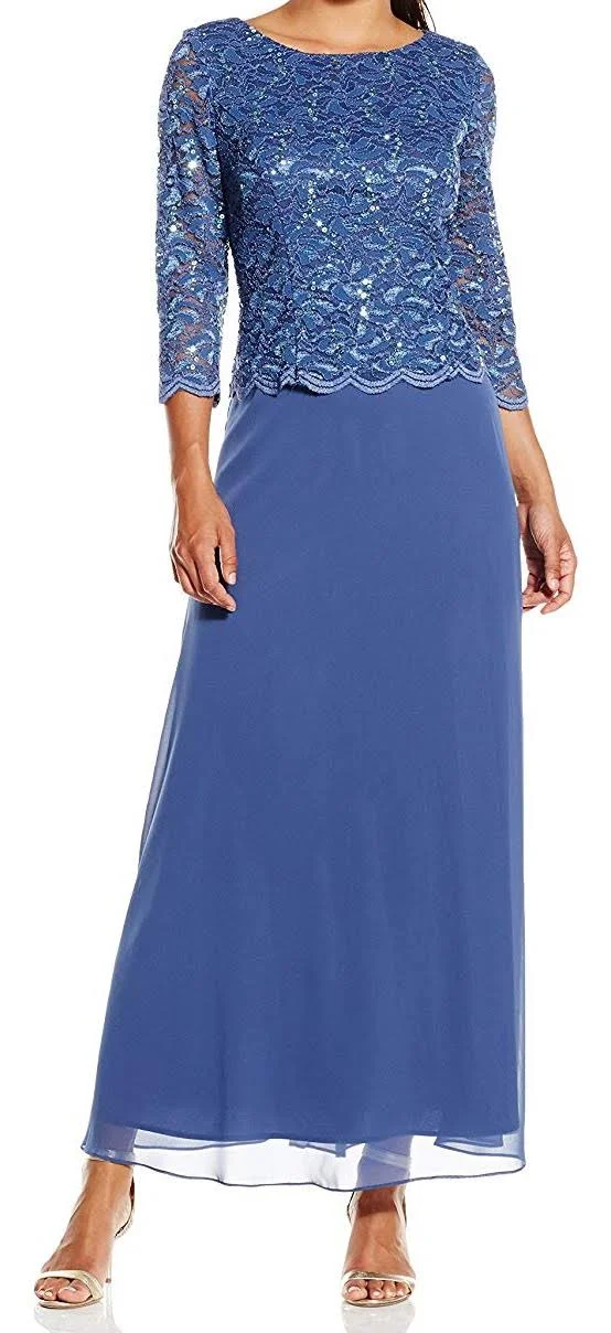 Alex Evenings Blue Women's Size 8p Petite Sequin Lace Maxi Dress