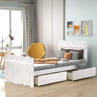 Twin Size Rustic Style Platform Bed with Drawers - Vintage Fence-Shaped Headboard and Footboard Harper Orchard Color: White