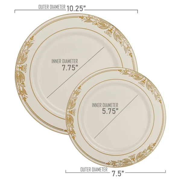 120 Plates - 10.25x22 White with Pink and Gold Harmony Rim Plastic Dinner Plates