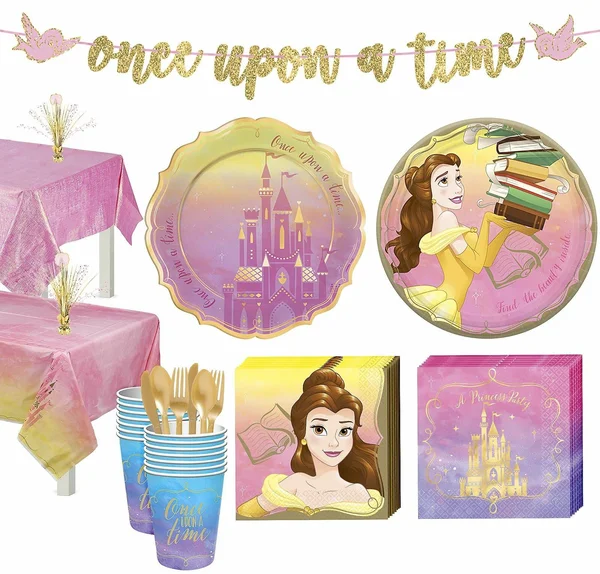 Party City Disney Princess Belle Tableware Kit for 16 Guests - Includes Cups, Cutlery, Napkins, Plates, and Decor, Size: One size