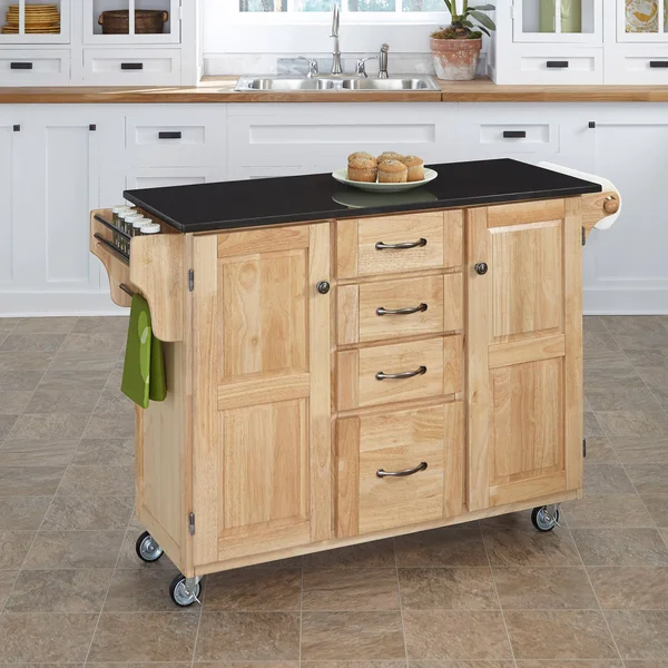 August Grove Adelle-a-Cart Kitchen Island with Granite Top - Base Finish: Natural