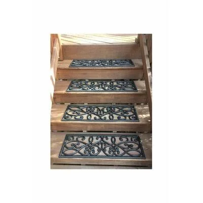 Guynn Non-Slip Rubber Scrollwork Black Stair Tread Fleur De Lis Living
