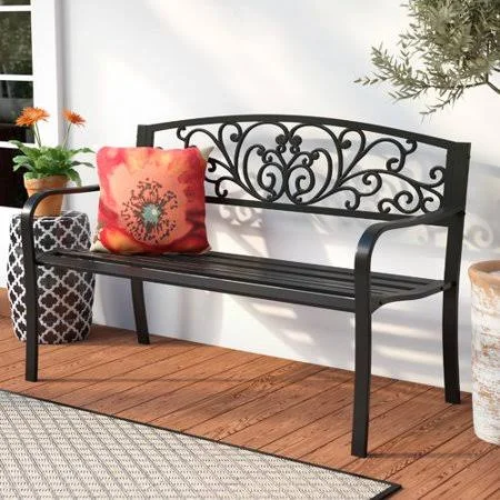 Fleur De Lis Living Carennac Scroll Backrest Iron Garden Bench, Black