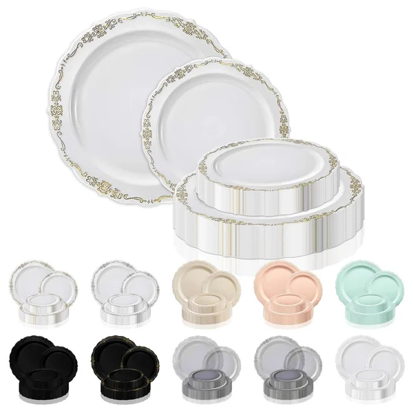 Vintage Rim Round Disposable Plastic Plate Packs - Party Supplies (White - 120pcs - Salad Plates)