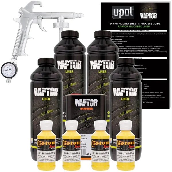 U-POL Raptor Safety Yellow Urethane Spray-On Truck Bed Liner Kit w/ Free Spray Gun - 4 Liters