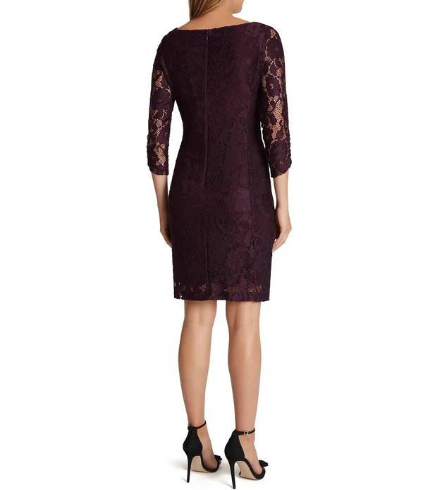Tahari ASL Side-Ruched Lace Dress - Plum Purple