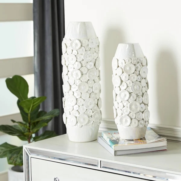 Set of 2 White Stoneware Modern Vase, 23