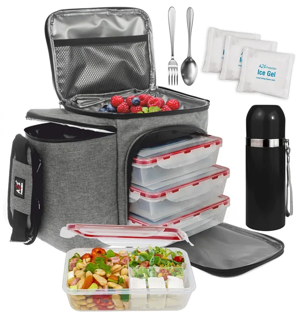 A2S Complete Meal Prep Lunch Box - 8 Pcs Set: Cooler Bag 3X Portion Control Bento Lunch Containers Leakproof 3 Compartments Micr