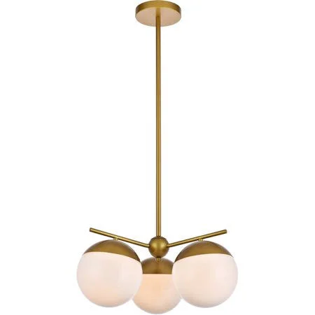 Brass Tone Finish Pendants 21 inch Wide Frosted White Round Glass Shade Metal/Glass Material E26 Medium 3 Light Fixture - Size: 2