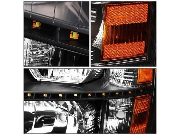 DNA Motoring for 07-14 Chevy Silverado 1500 2500 3500 LED DRL Strip Headlight Black Housing Amber Corner Headlamp 08 09 10 11