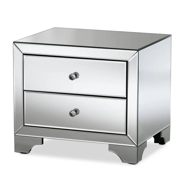 Baxton Studio Farrah Mirrored 2 Drawer Nightstand, Silver