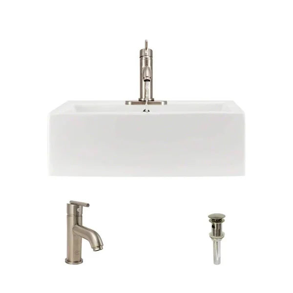 Rene R2-5018-B-R9-7009-BN Biscuit Porcelain Vessel Sink with Brushed Nickel Vessel Faucet and Vessel Pop-Up Drain, 21" x 16