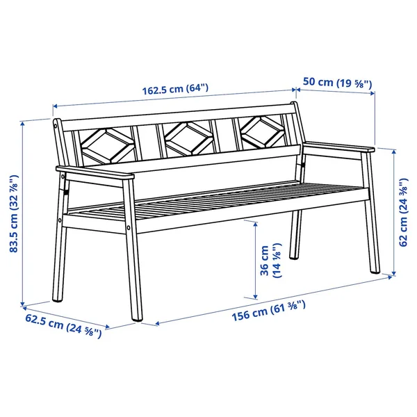 IKEA - BONDHOLMEN Bench with backrest - Outdoor, Gray, Width: 64 1/8