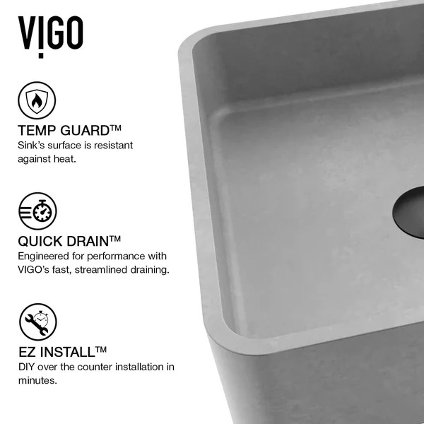 Vigo Concreto Stone Square Vessel Bathroom Sink in Gray VG04057