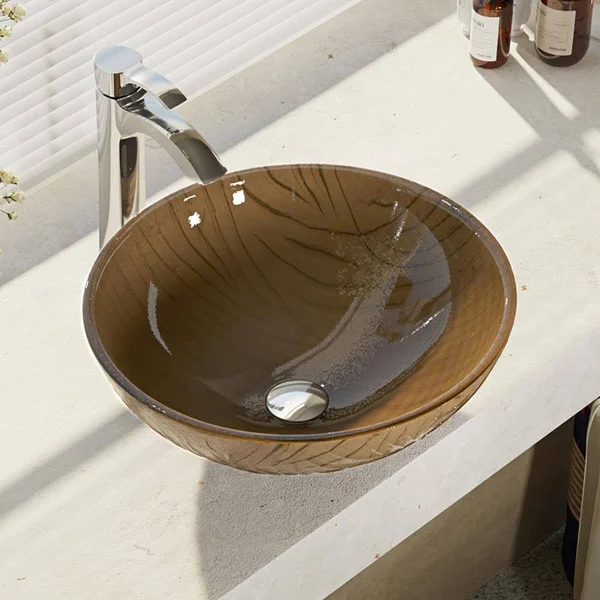 Rene R5-5025-R9-7006 16-5/8x22 Glass Vessel Bathroom Sink with Vessel Faucet Sink Beach Sand - Chrome