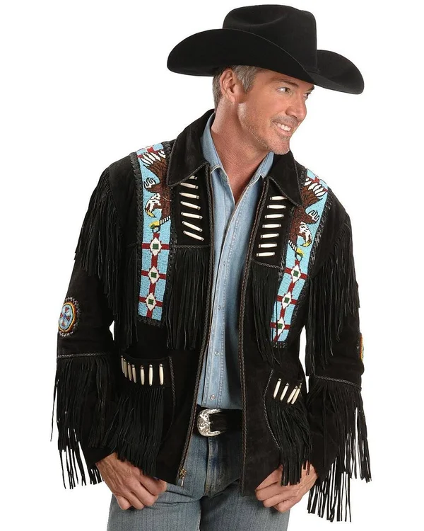 Mens Tobacco or Black Eagle Beaded Premium Suede Leather Western Fring