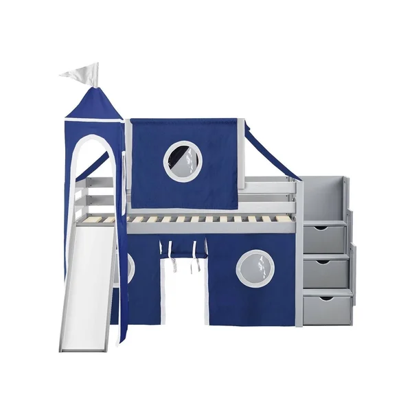 Jackpot Castle Low Loft Twin Stairway Bed with Slide Blue & White Tent and Tower, Gray