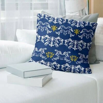 La Throwback Football Baroque Square Pillow Cover East Urban Home Color: Light Navy/White/Yellow, Size: 26x22 x 26