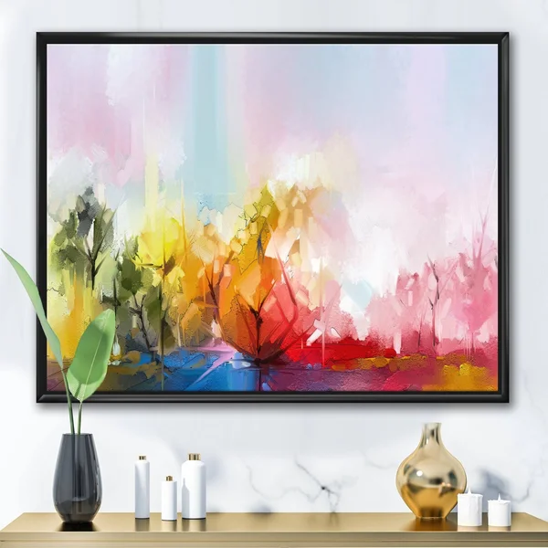 Designart &Abstract Tree in Colorful Meadow& Modern & Contemporary Framed Canvas Wall Art Print - 40 in. Wide x 30 in. High