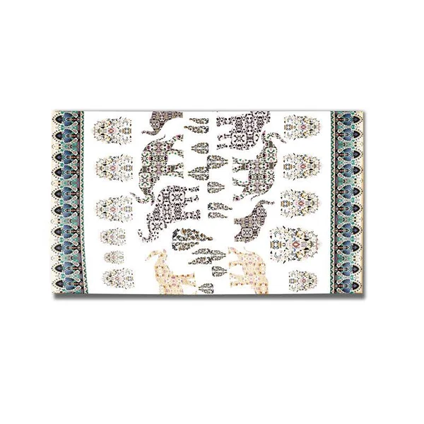 Elephant Paisley Procession 5x7 Dobby Rug with Non Skid Mat White Black Yellow - CARug65Dob_Mat