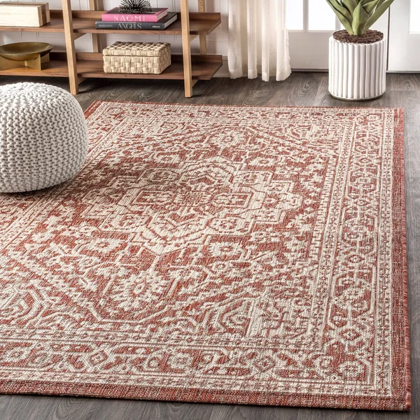 Jonathan Y Sinjuri Medallion Textured Weave Indoor/Outdoor Area Rug - 5& Square - Red/Taupe