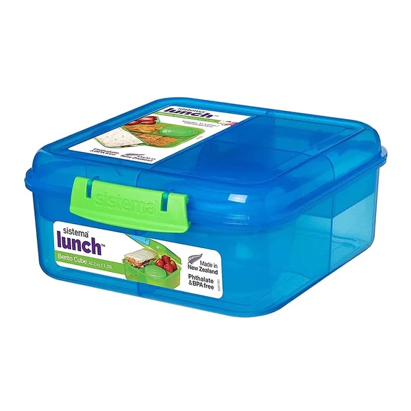 Sistema Lunch Collection Bento Cube - Solid Assorted Colors with Contrasting Klips, 7.28 x 6.61 x 3.03