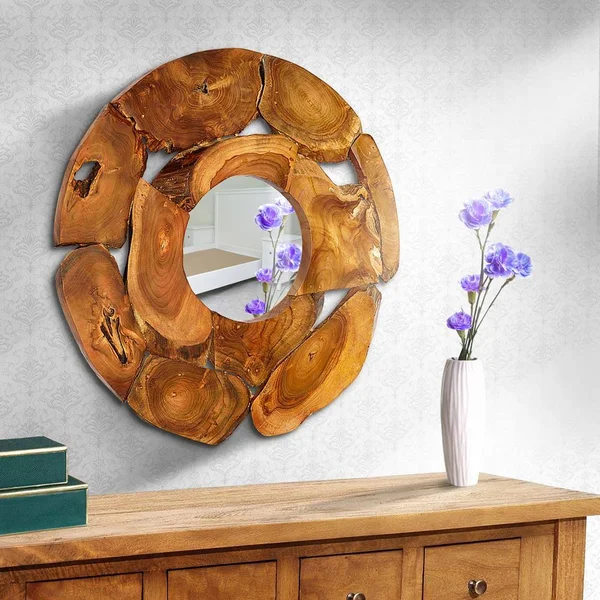 Casual Elements Teak Root Accessories 31.5-in L x 31.5-in W Round Natural Framed Wall Mirror in Clear, SEN072-S1C