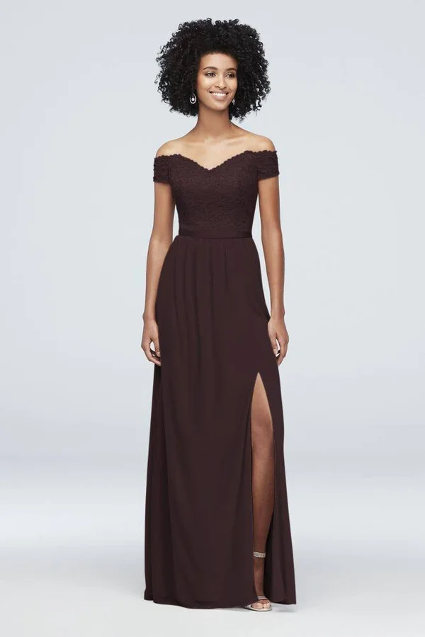 Off-The-Shoulder Lace and Mesh Bridesmaid Dress - Cinnamon (Brown) - 24