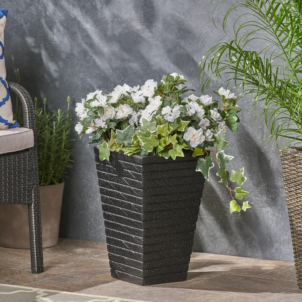 GDF Studio Hedy Garden Urn Planter, Square, Tapered, Riveted, Black Lightweight Concrete