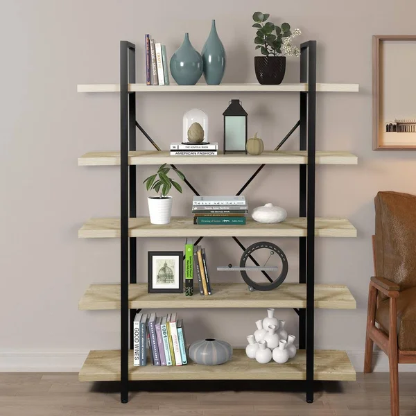Magic Home 62.99 in. H Black MDF 5-Shelf Storage Standard Bookcase with Solid Metal Frame