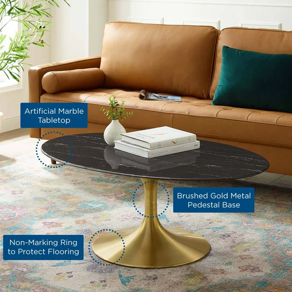 Modway Gold Black Lippa 42x22 Oval Artificial Marble Coffee Table