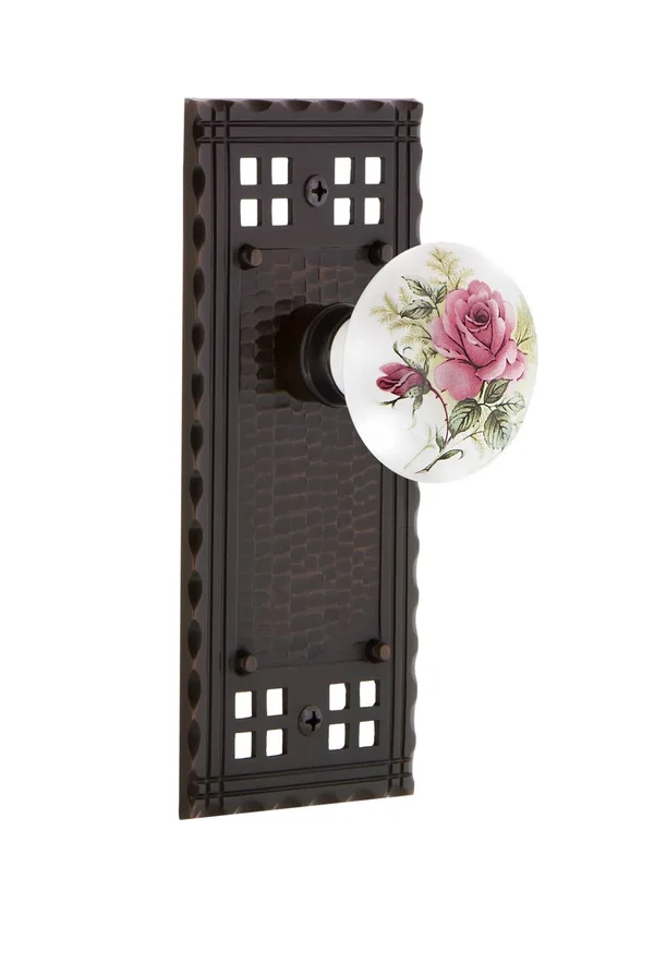 Nostalgic Warehouse 714783 Craftsman Plate Privacy White Rose Porcelain Door Knob - Timeless Bronze