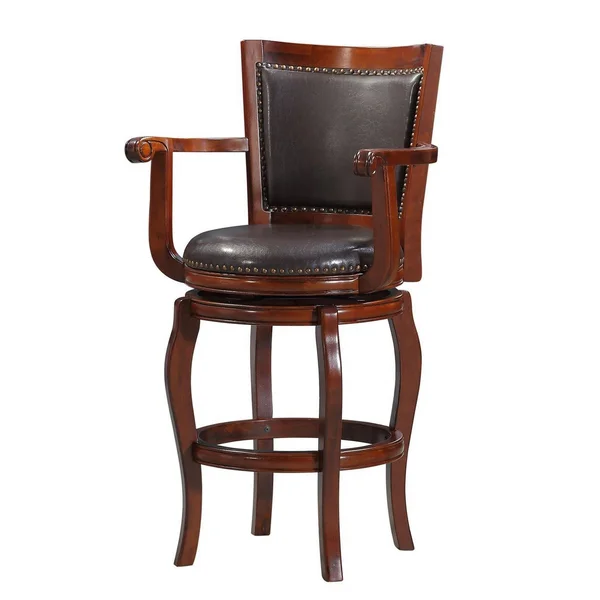 Swivel Barstool with Sleek Rolled Arms and Nailhead Accents - Brown, Saltoro Sherpi