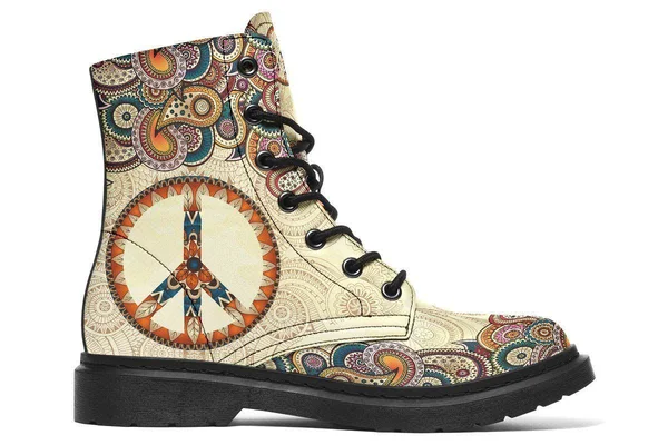 Tan Peace Mandala Boots - Peace Sign Boots, YesWeVibe Women's Boots, Black Sole, US 9, EU40.5