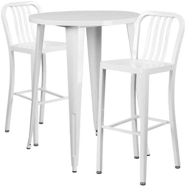 Round Orange Metal Indoor-Outdoor Bar Table Set with 2 Vertical Slat Back Stools