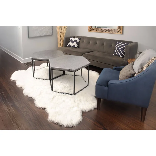 5x7 Soft and Plush Octo Pelt Faux Sheepskin Shag Rug Brown White