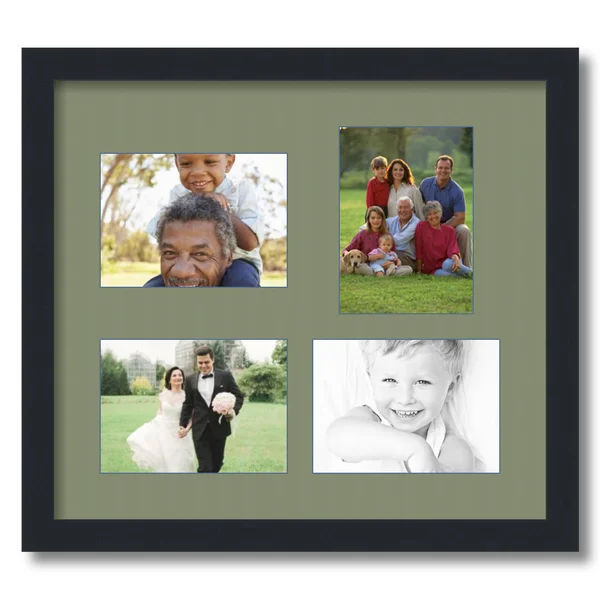 Collage Picture Frame - Satin Black Frame with 4 openings for 5x7 Photos with Green Basil Mat. D3926GK1117, ArtToFrames
