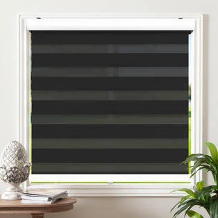 Biltek Cordless Zebra Roller Blinds Sheer Shades, Free-Stop Combi Blinds, Dual Layer, Sheer or Privacy - Black, 43x22W x 72x22H