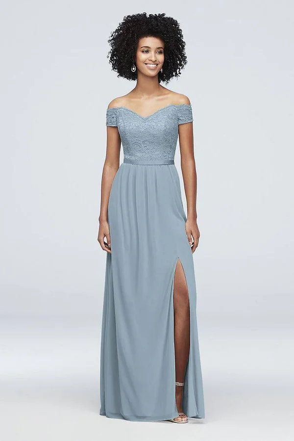Off-The-Shoulder Lace and Mesh Bridesmaid Dress - Cinnamon (Brown) - 24