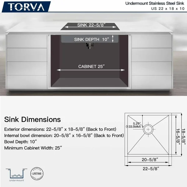 TORVA 22.5 inch Undermount 16 Gauge Single Bowl Stainless Steel Kitchen Sink - Bar or Prep Sink