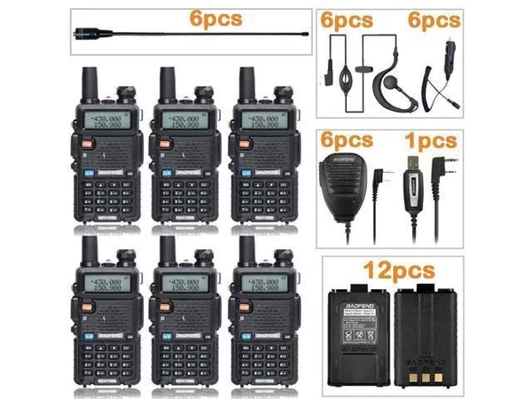 Baofeng UV-5R Dual Band Two Way Radio Black(6 Pack) + 6 Na-771 Antennas and Speaker Mics + 12 1800mAh Batteries + 1 Programming